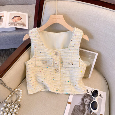 Tweed Sleeveless Cardigan with Pockets