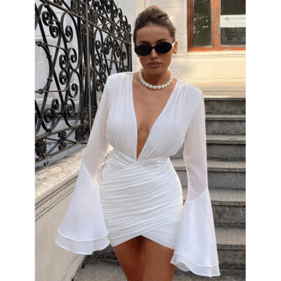 Deep V-neck Pleated White Dress
