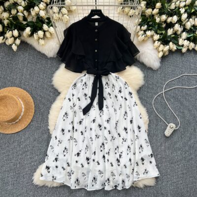 Floral Patchwork Black Shirt Dress