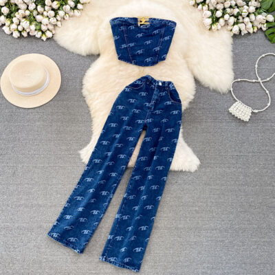 Vintage Printed Top&Trousers Denim 2Pcs